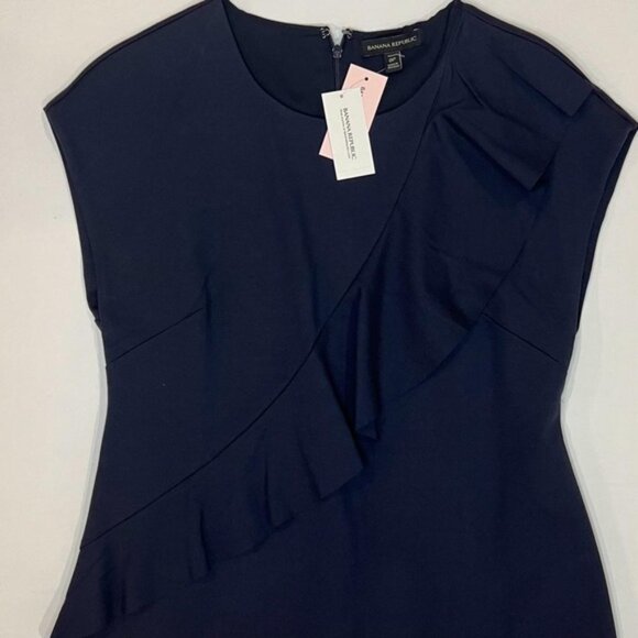 NWT BANANA REPUBLIC Crew Neck Asymmetrical Ruffle Navy Sheath Dress Lined Sz 8P - Picture 12 of 15